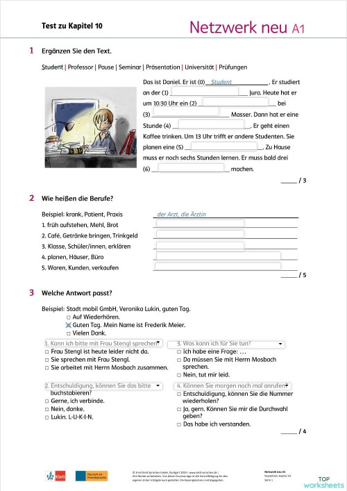 A1-Kapitel 10 Test. Interaktives Arbeitsblatt | TopWorksheets