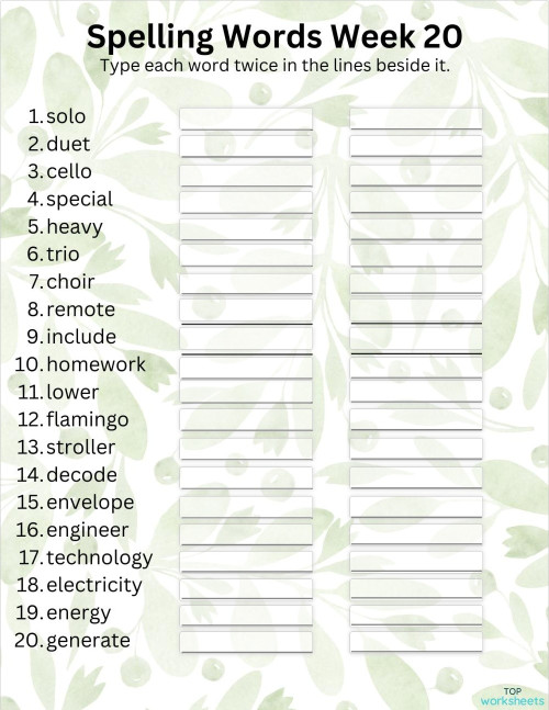 Spelling Words Week 20.1. Interactive worksheet | TopWorksheets