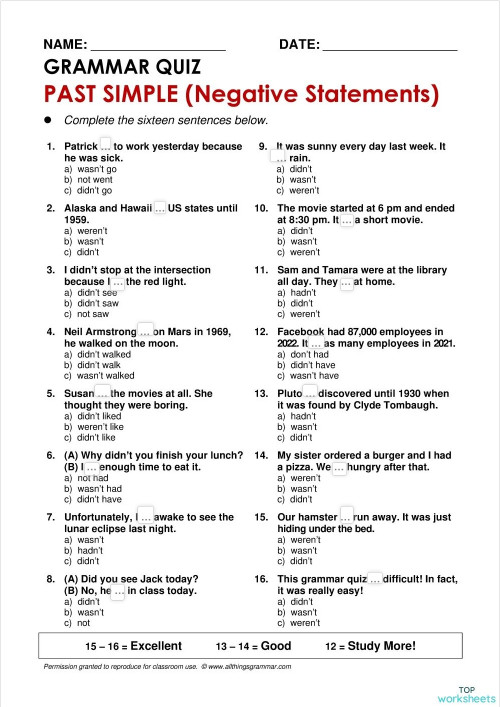 PAST SIMPLE (Negative Statements). Interactive worksheet | TopWorksheets