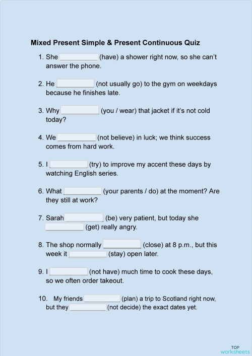 QUIZ 4: Present Simple vs Present Continuous. Interactive worksheet ...