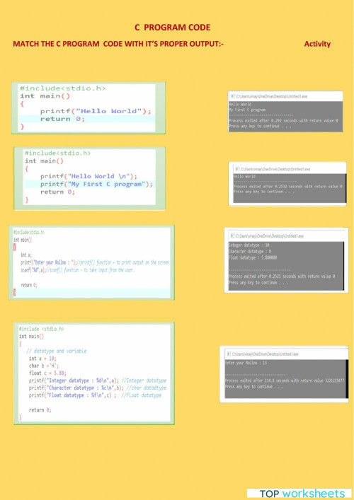 C Program Code Interactive Worksheet Topworksheets