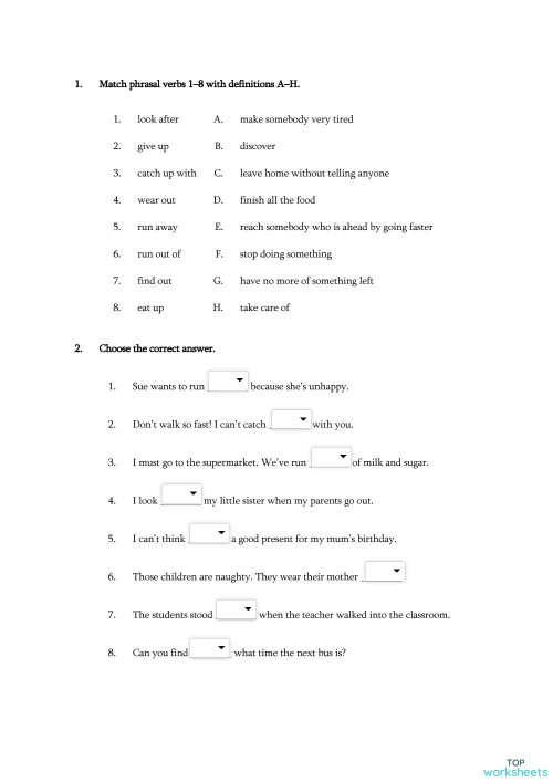 Phrasal verbs, nouns+verbs. Interactive worksheet TopWorksheets