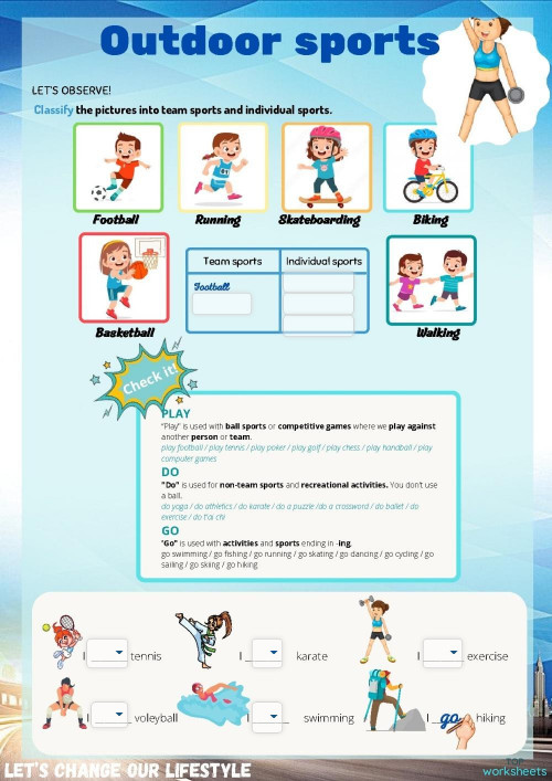 Exp 8.1 Pre A1 outdoor sports. Interactive worksheet | TopWorksheets
