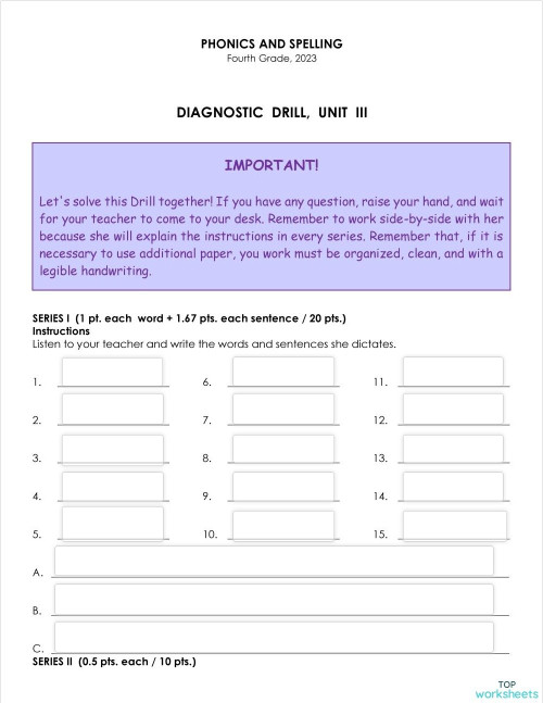Phonics and spelling Diagnostic, Drill Fourth Grade, Unit III