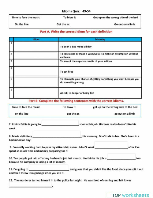 Idioms Quiz 49-54. Interactive worksheet | TopWorksheets
