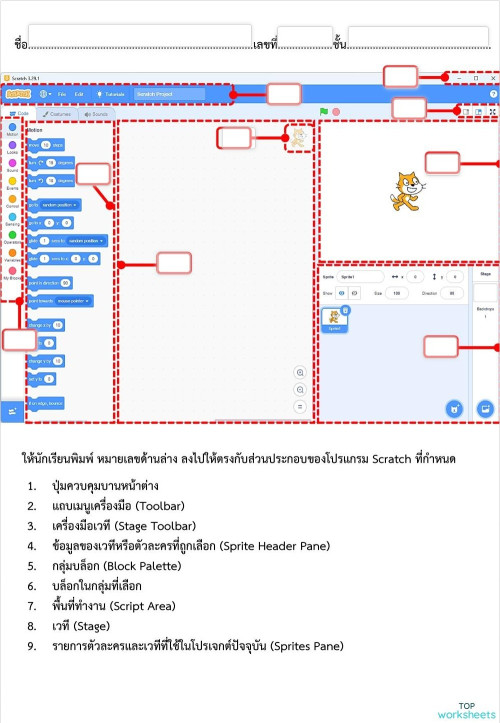 ใบงานส่วนประกอบของโปรแกรม Scratch ใบงานเชิงโต้ตอบ | TopWorksheets
