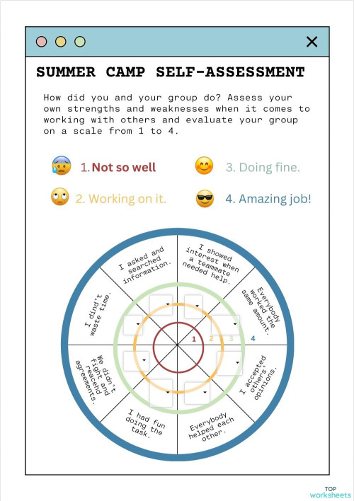 Summer Camp self-assessment. Interactive worksheet | TopWorksheets