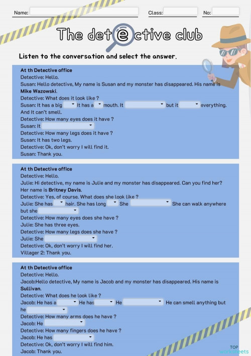 The detective club ใบงานเชิงโต้ตอบ | TopWorksheets