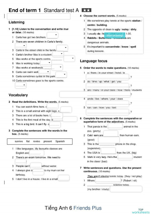 STANDARD TEST A. Interactive worksheet | TopWorksheets