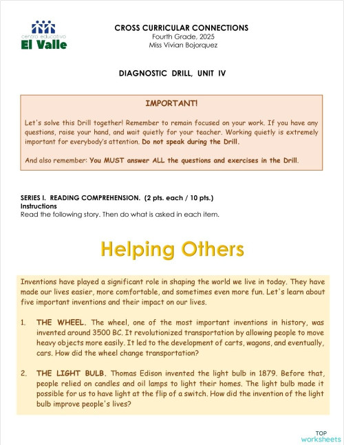 Cross Diagnostic Drill, Fourth Grade, Unit IV. Interactive worksheet ...