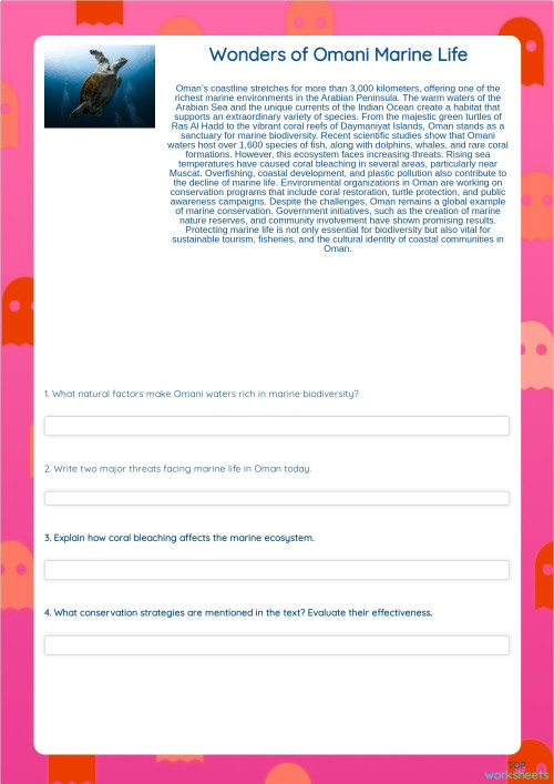 Wonders of Omani Marine Life. Interactive worksheet | TopWorksheets
