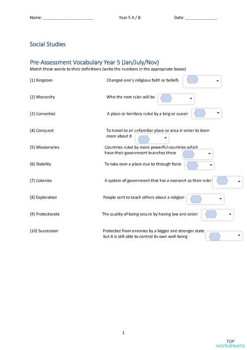 Social Studies Year 5 Vocabulary Test. Interactive worksheet