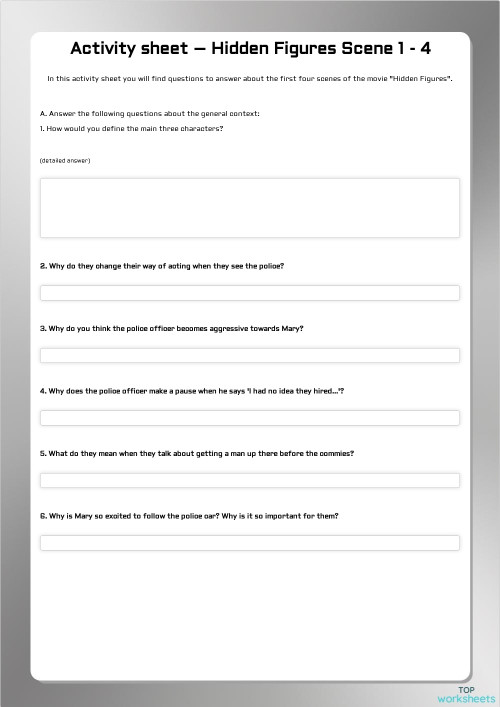 Activity sheet – Hidden Figures Scene 1 - 4. Interactive worksheet ...