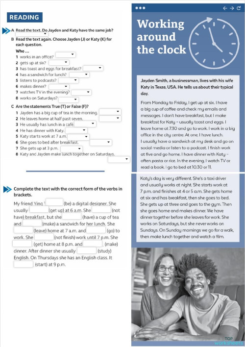 Reading Working around the clock. Interactive worksheet TopWorksheets