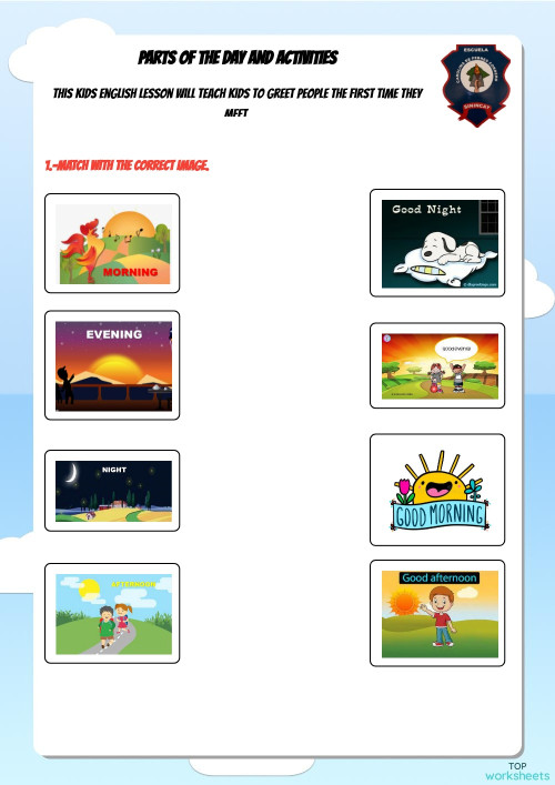 PARTS OF THE DAY AND GREETINGS. Ficha interactiva TopWorksheets
