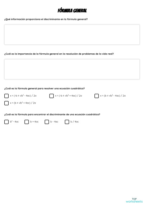 Fórmula general. Ficha interactiva TopWorksheets
