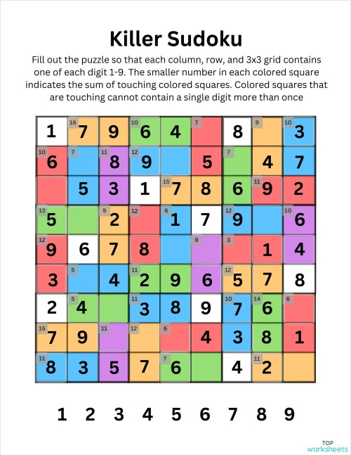 Killer sudoku 2 interactive worksheet topworksheets