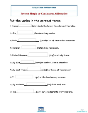 Present simple or continuous affirmative. Interactive worksheet ...