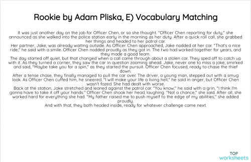 Rookie by Adam Pliska, E) Vocabulary Matching. Interactive worksheet ...