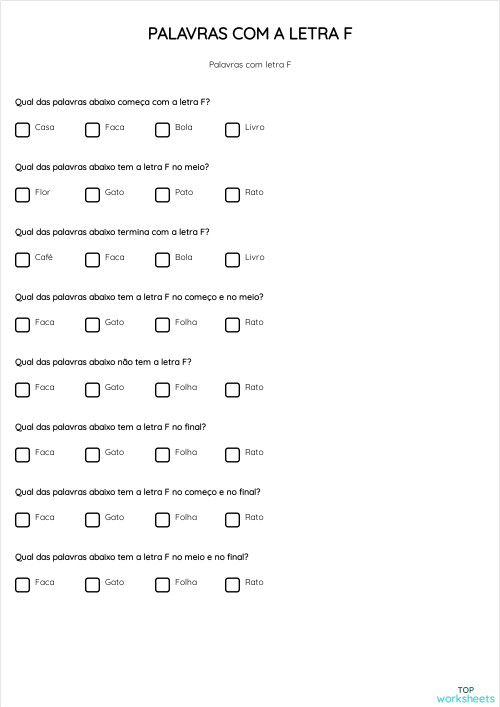 PALAVRAS COM A LETRA F. Ficha interativa | TopWorksheets