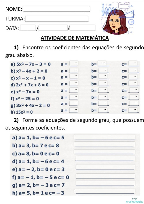 Equações de segundo grau. Ficha interativa | TopWorksheets