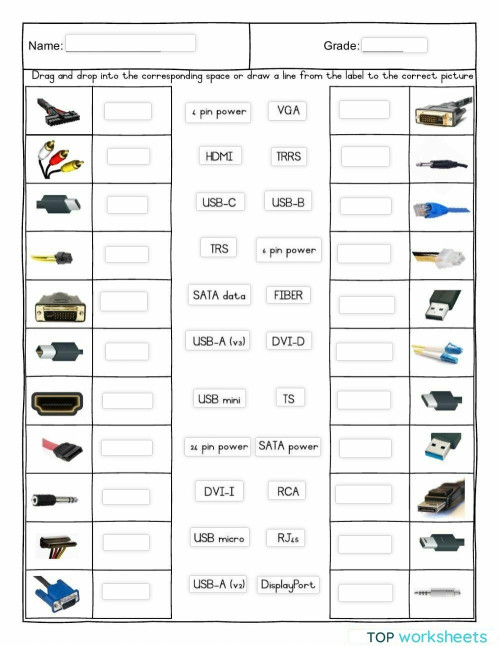 Computers ports and connectors matchup. Interactive worksheet