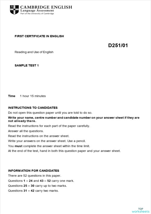 FCE SAMPLE TEST 1 2015. Interactive worksheet | TopWorksheets