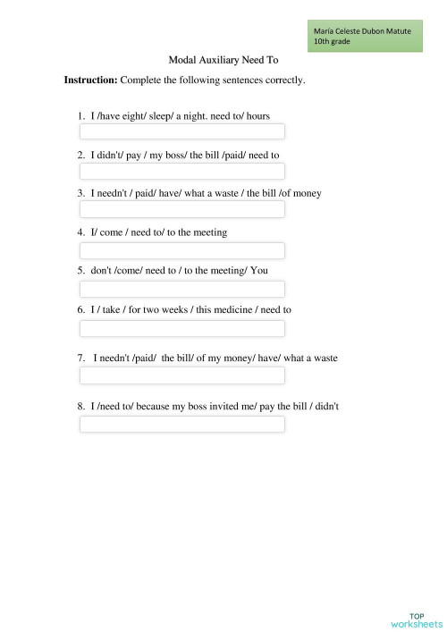 Modal Auxiliary Need To. Interactive worksheet | TopWorksheets