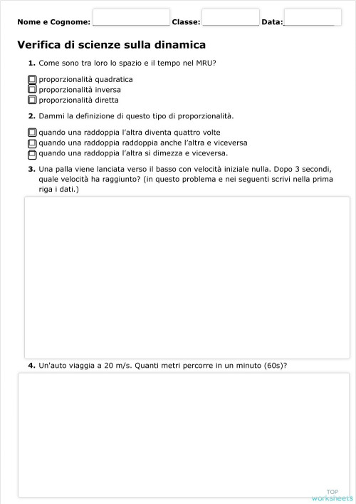 Verifica di scienze sulla dinamica. Scheda interattiva | TopWorksheets