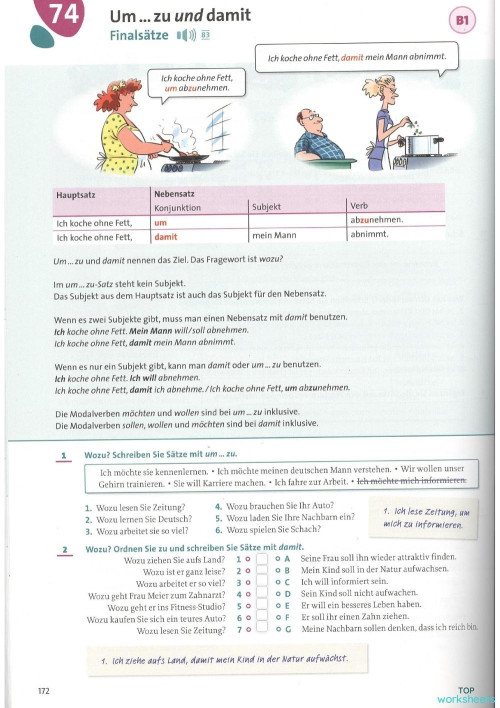 Kap. 74 Finalsätze (um..zu, damit), Cornelsen. Interaktives Arbeitsblatt TopWorksheets