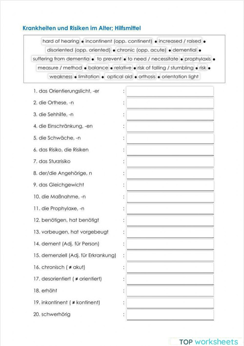 Pflege Wortschatz 04. Interaktives Arbeitsblatt | TopWorksheets