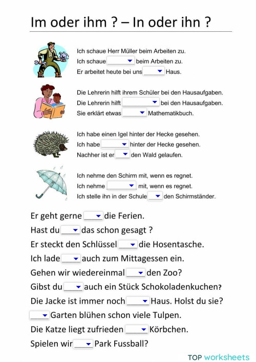 Ihm oder im? Ihn oder in?. Interaktives Arbeitsblatt TopWorksheets