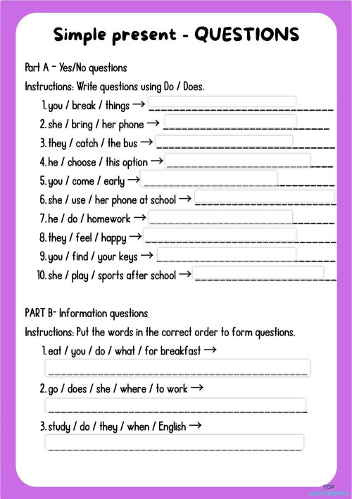 Simple present- Questions. Interactive worksheet | TopWorksheets