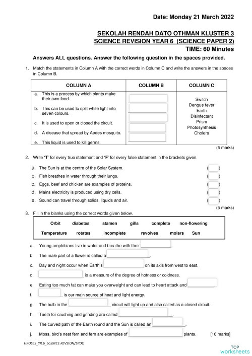 year 6 science paper 2 revision interactive worksheet topworksheets