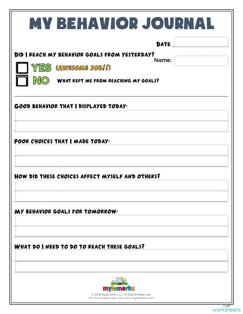 Behavior Journal. Interactive worksheet | TopWorksheets