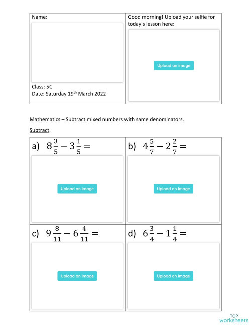 Subtract Two Mixed Numbers with Same Denominators. Interactive ...
