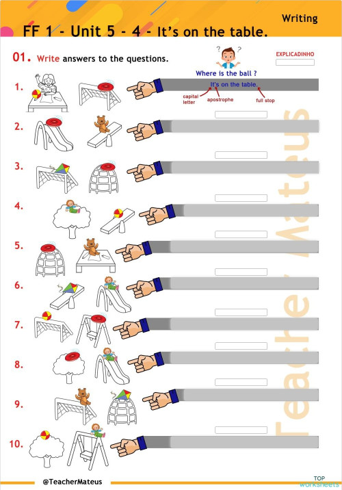 FF 1 - Unit 05 - 4 - It's on the table - Writing. Interactive worksheet ...