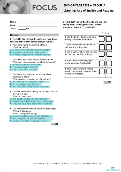 Focus 2 end of year test (50). Interactive worksheet | TopWorksheets