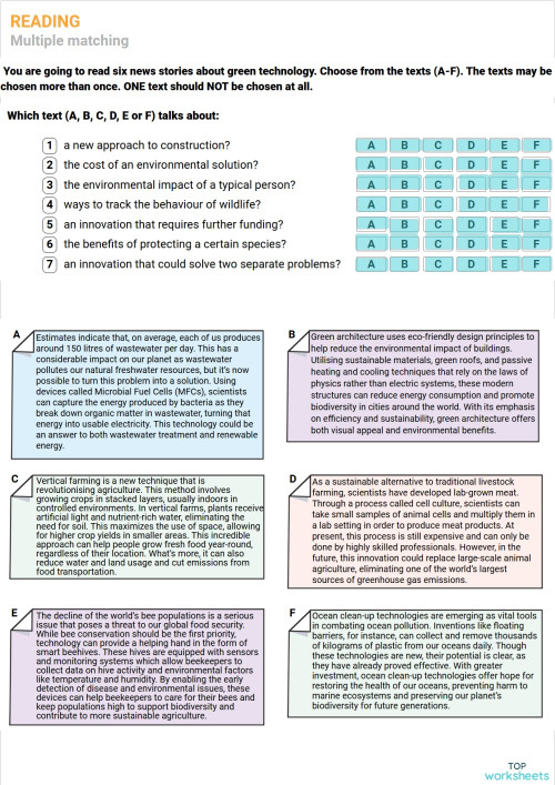 Exam B2 READING Multiple matching. Interactive worksheet | TopWorksheets