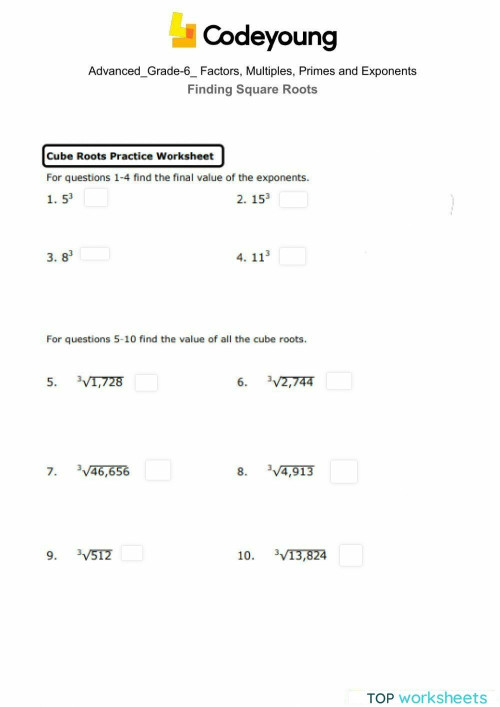 Finding Square Roots Advanced. Interactive worksheet TopWorksheets
