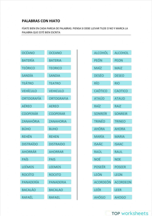 Palabras con hiato. Ficha interactiva | TopWorksheets