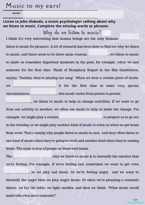 Why we listen to music. Interactive worksheet TopWorksheets