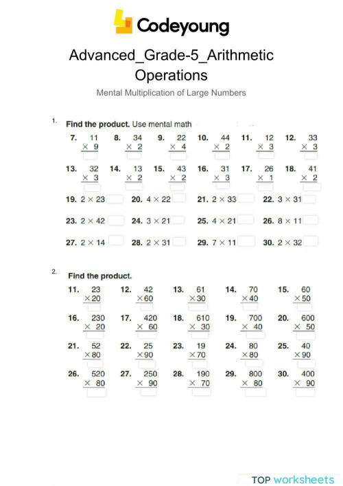Advanced mental multiplication of large numbers interactive worksheet