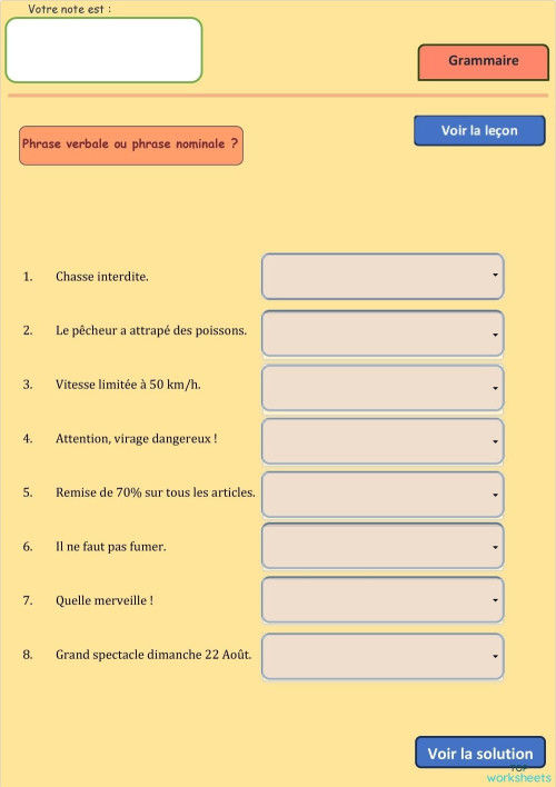 Phrase verbale Phrase nominale1. Fiche interactive | TopWorksheets