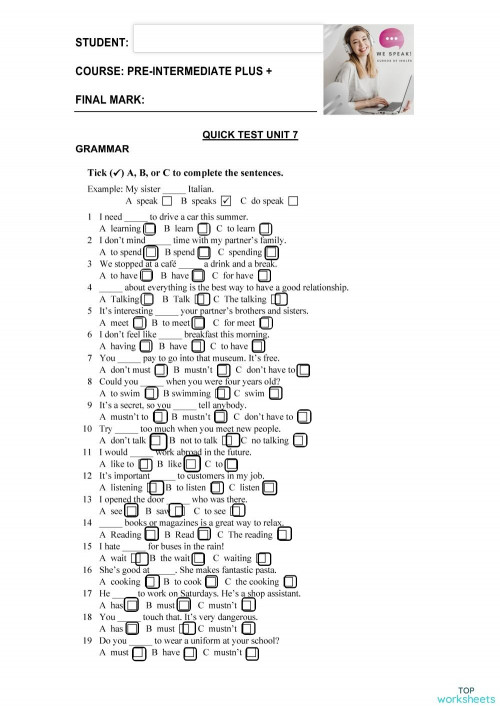UNIT 7 exam www.wespeak.com.ar. Interactive worksheet | TopWorksheets