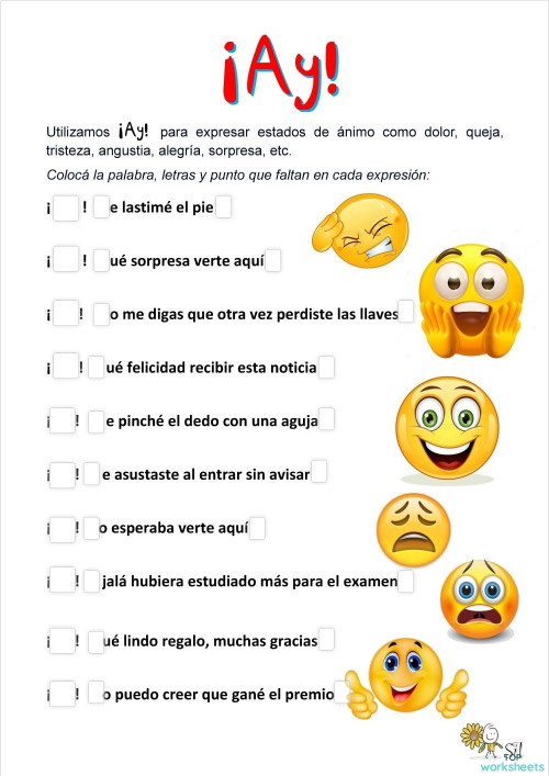 ¿Cuándo utilizamos ¡ Ay !?. Ficha interactiva | TopWorksheets