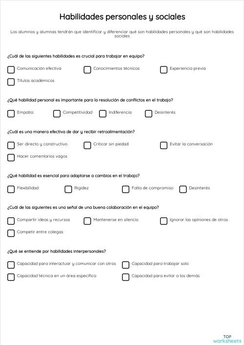 Habilidades personales y sociales. Ficha interactiva | TopWorksheets