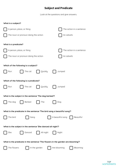 Subject and Predicate. Interactive worksheet | TopWorksheets