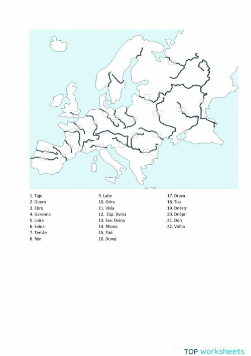 Evropa - řeky 1. Interaktivní pracovní list | TopWorksheets