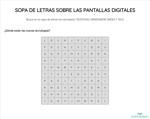 SOPA DE LETRAS SOBRE LAS PANTALLAS DIGITALES. Ficha interactiva